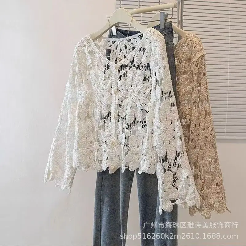 White Hollow Lace Knitted Cardigan for Women - Image 34