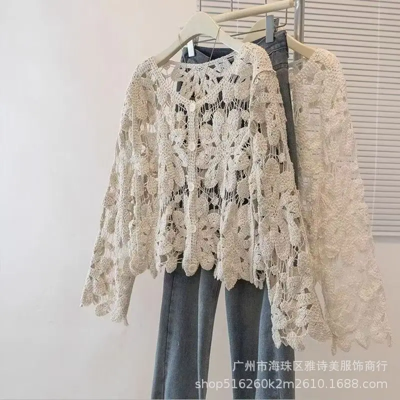 White Hollow Lace Knitted Cardigan for Women - Image 35