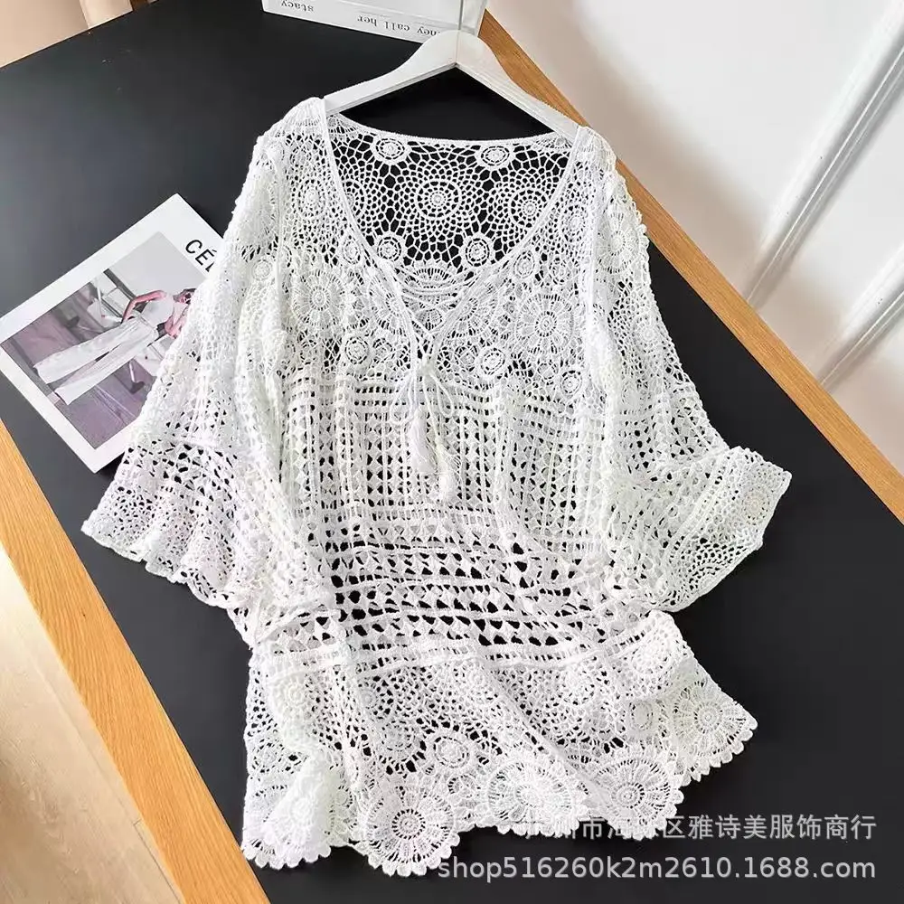 White Hollow Lace Knitted Cardigan for Women - Image 36