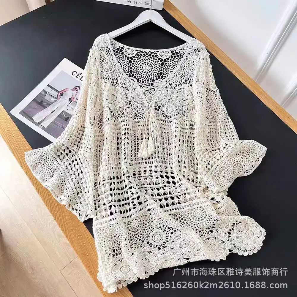 White Hollow Lace Knitted Cardigan for Women - Image 37