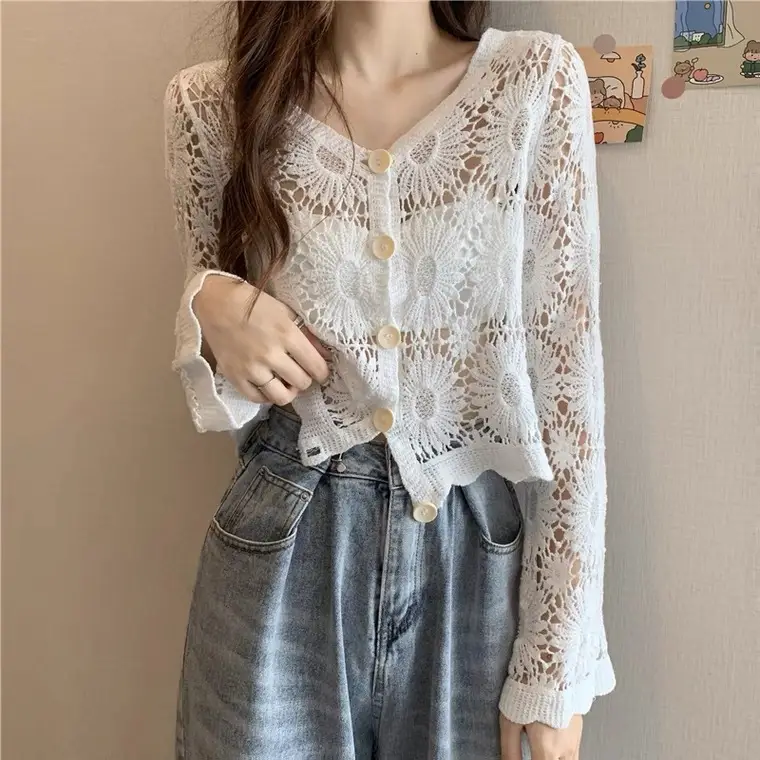 White Hollow Lace Knitted Cardigan for Women - Image 5