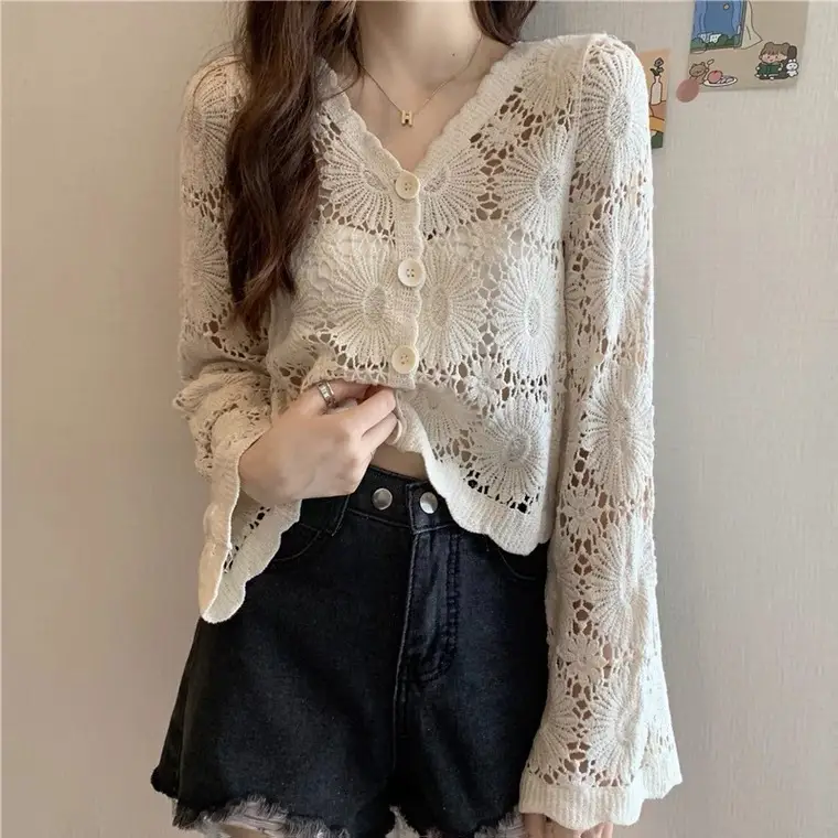 White Hollow Lace Knitted Cardigan for Women - Image 6
