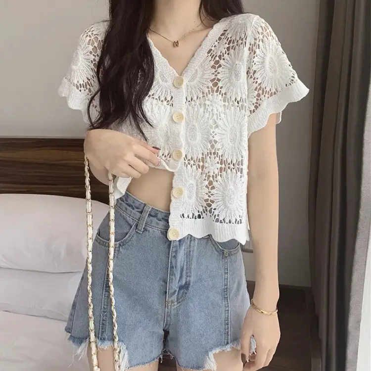 White Hollow Lace Knitted Cardigan for Women - Image 7