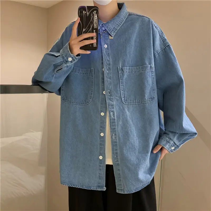 Men Denim Long Sleeve Shirt Blue Solid Color