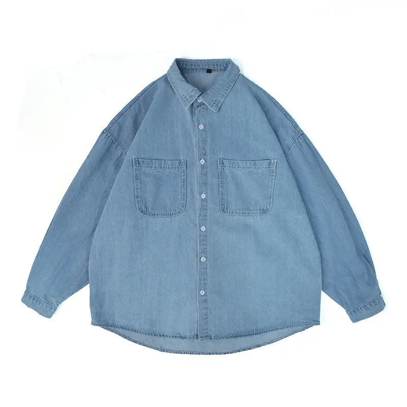 Men Denim Long Sleeve Shirt Blue Solid Color