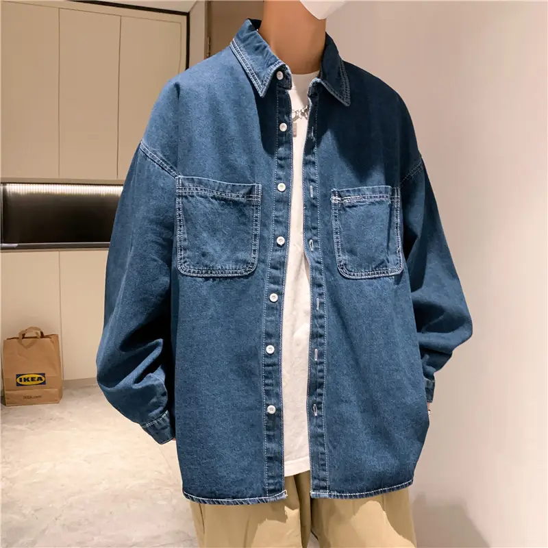 Men Denim Long Sleeve Shirt Blue Solid Color