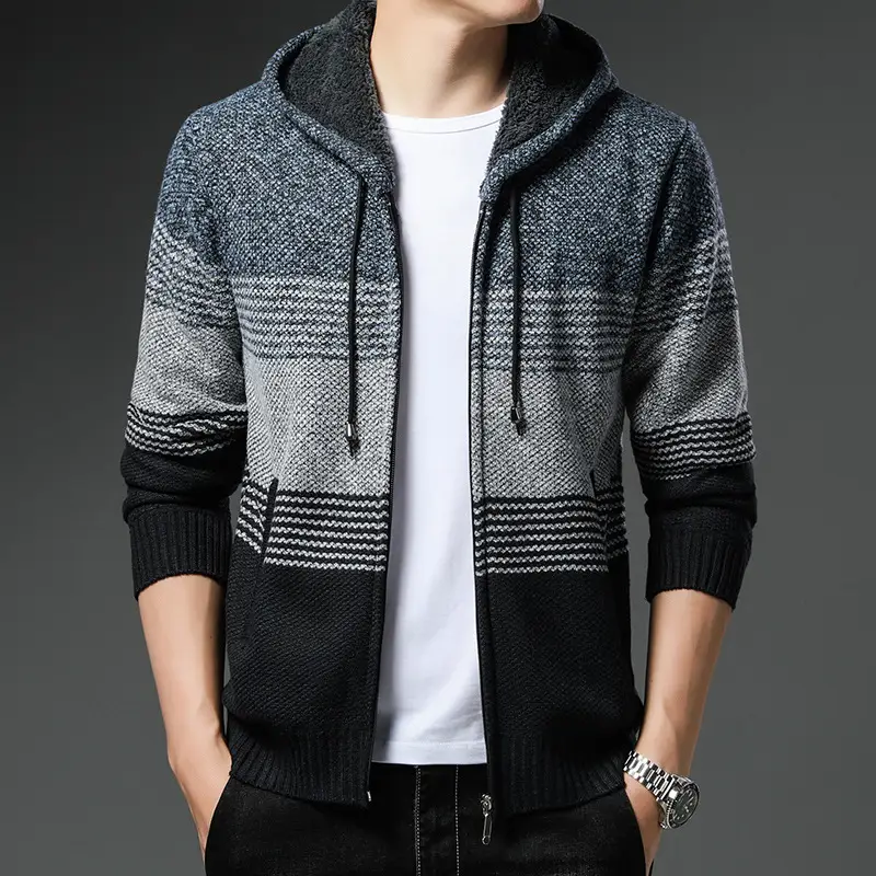 Men's Grey Black Hooded Fleece Jacket with Zip Front