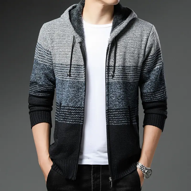 Men's Grey Black Hooded Fleece Jacket with Zip Front