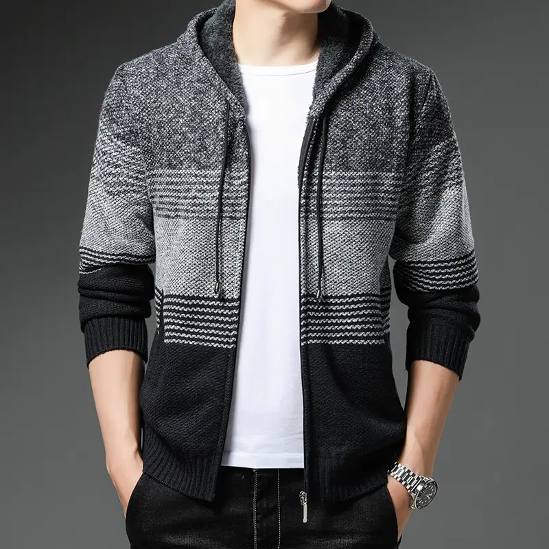 Men's Grey Black Hooded Fleece Jacket with Zip Front