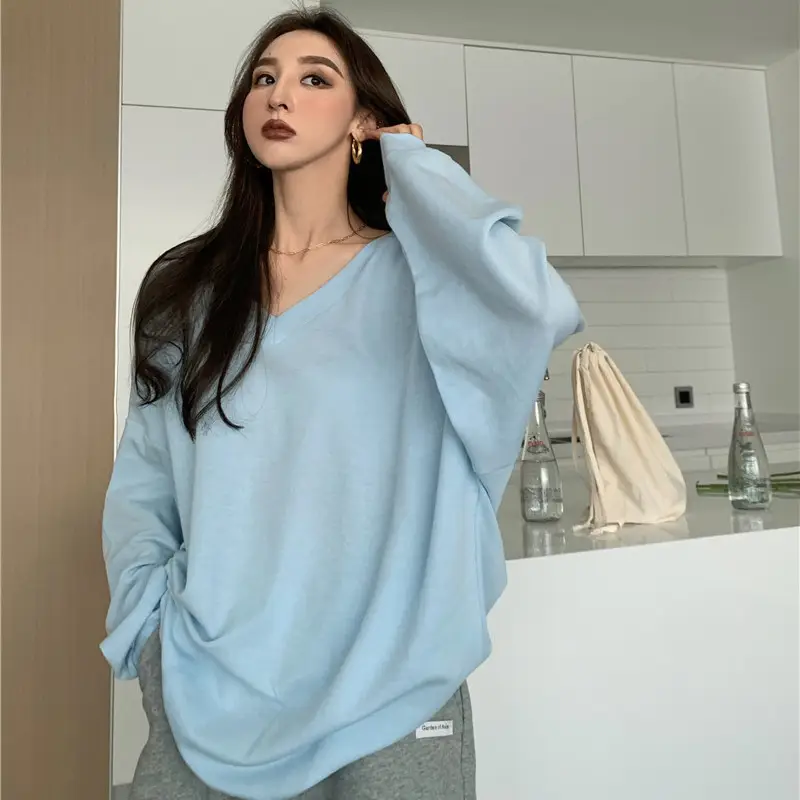 Women Oversize V-Neck Long Sleeve T-Shirt White - Image 3