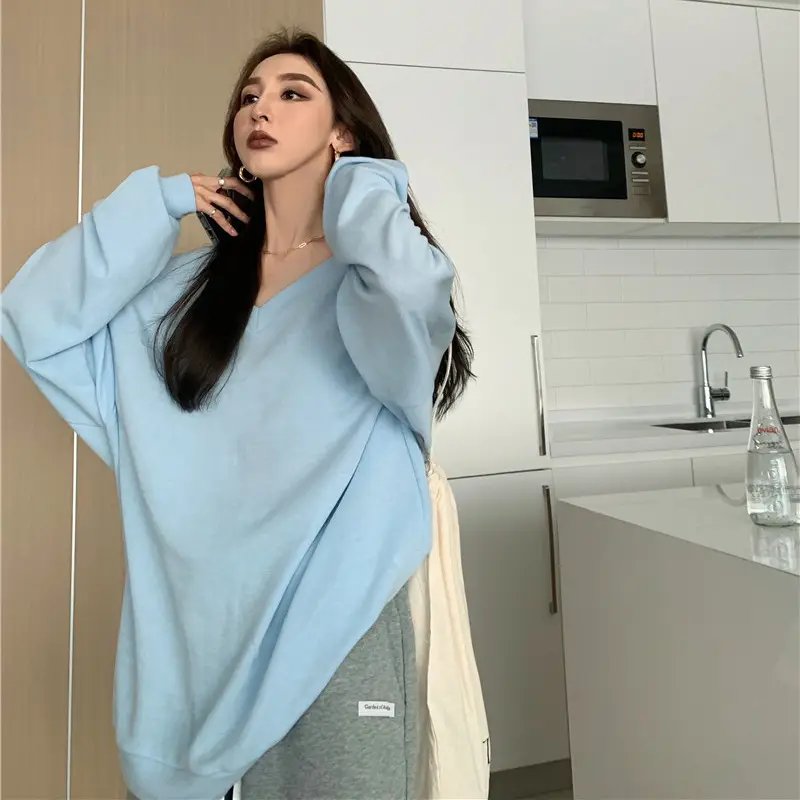 Women Oversize V-Neck Long Sleeve T-Shirt White - Image 5