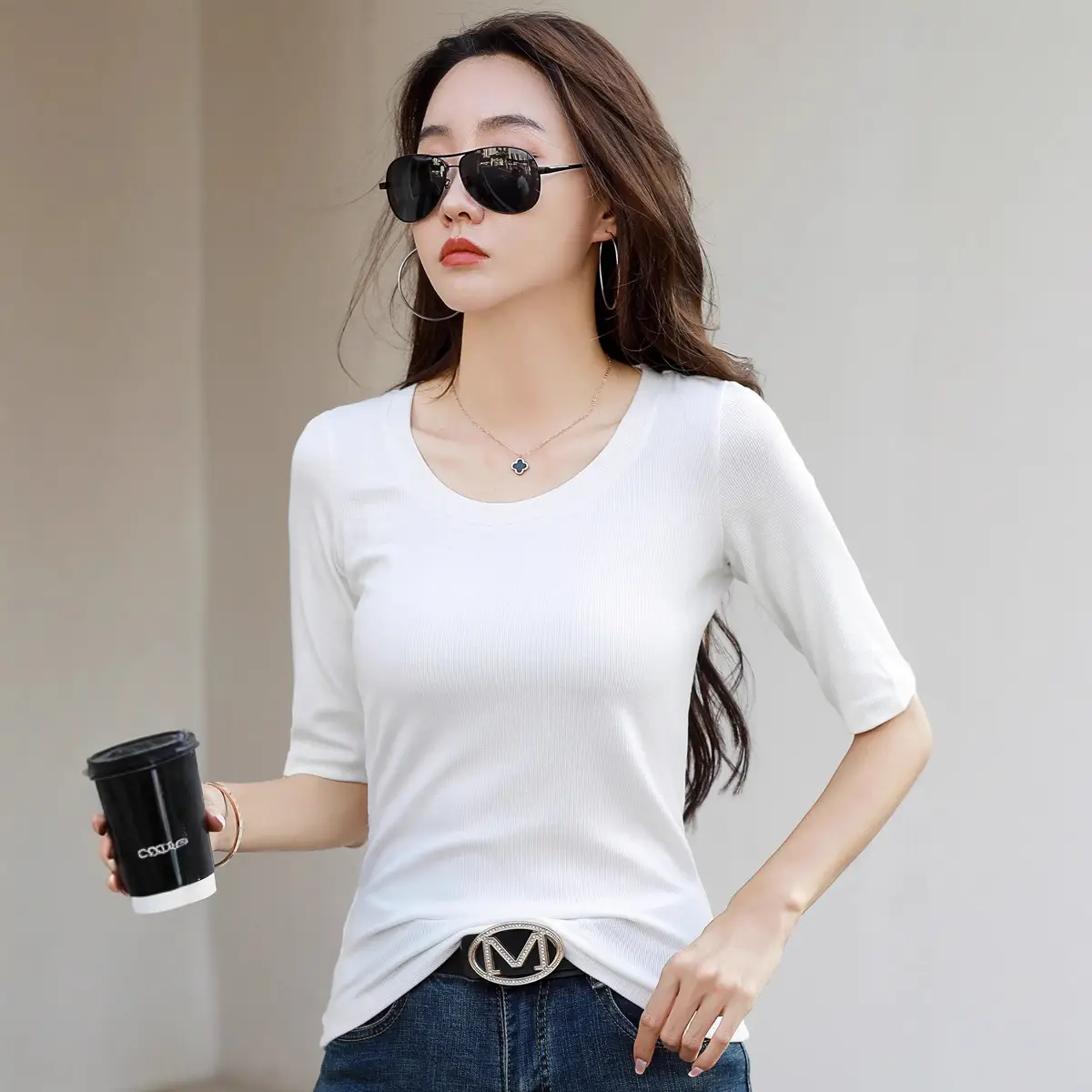 Women's Slim Fit Mid Sleeve Top Brown Round Neck
