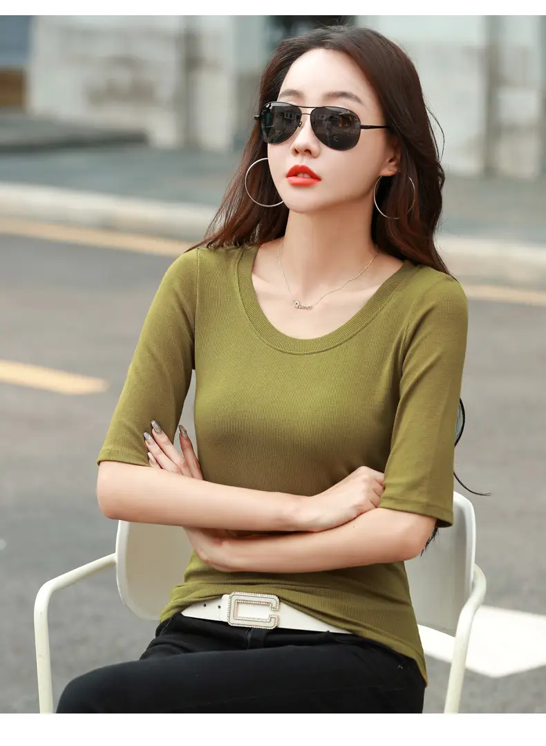Women's Slim Fit Mid Sleeve Top Brown Round Neck — feature 11