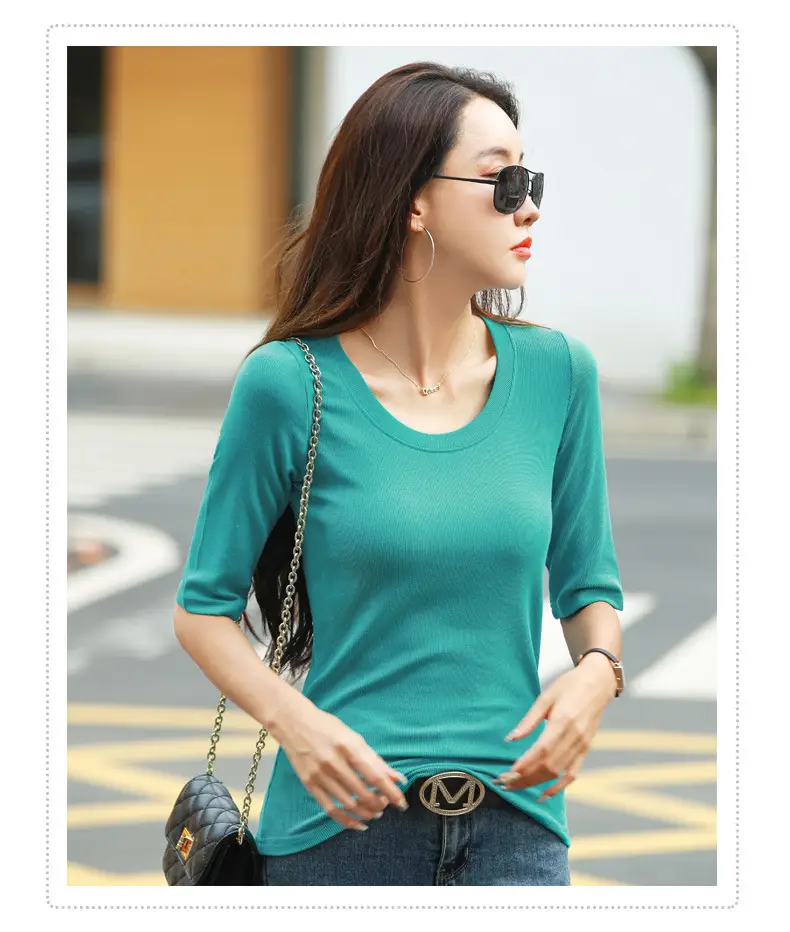 Women's Slim Fit Mid Sleeve Top Brown Round Neck — feature 17
