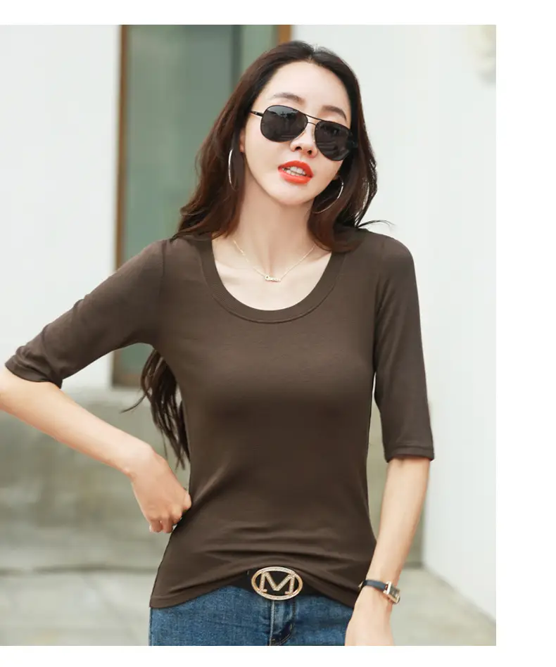 Women's Slim Fit Mid Sleeve Top Brown Round Neck — feature 25