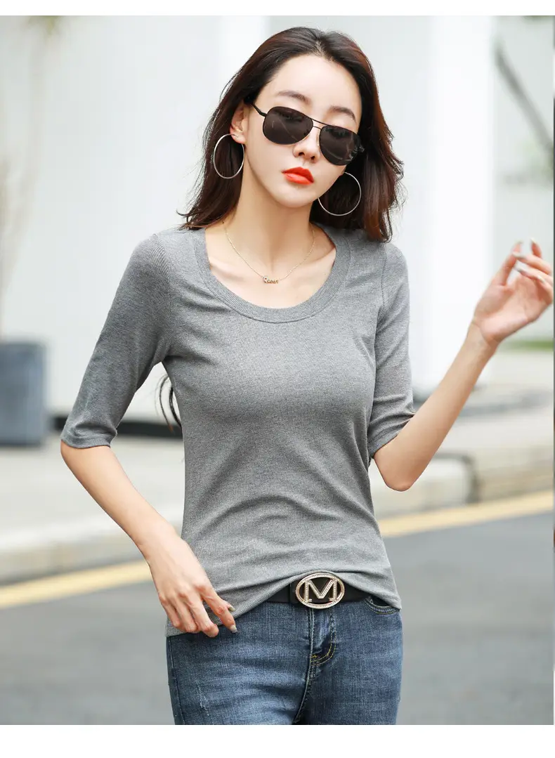 Women's Slim Fit Mid Sleeve Top Brown Round Neck — feature 38