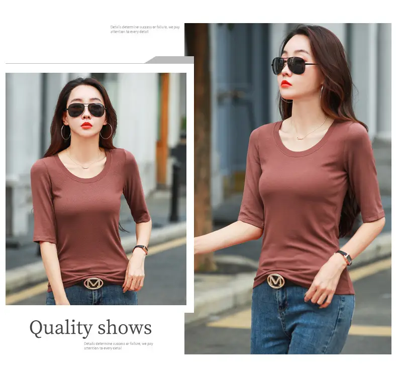 Women's Slim Fit Mid Sleeve Top Brown Round Neck — feature 42