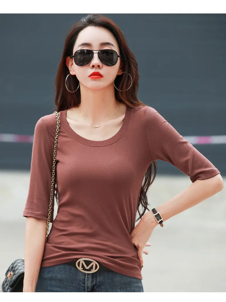 Women's Slim Fit Mid Sleeve Top Brown Round Neck — feature 43