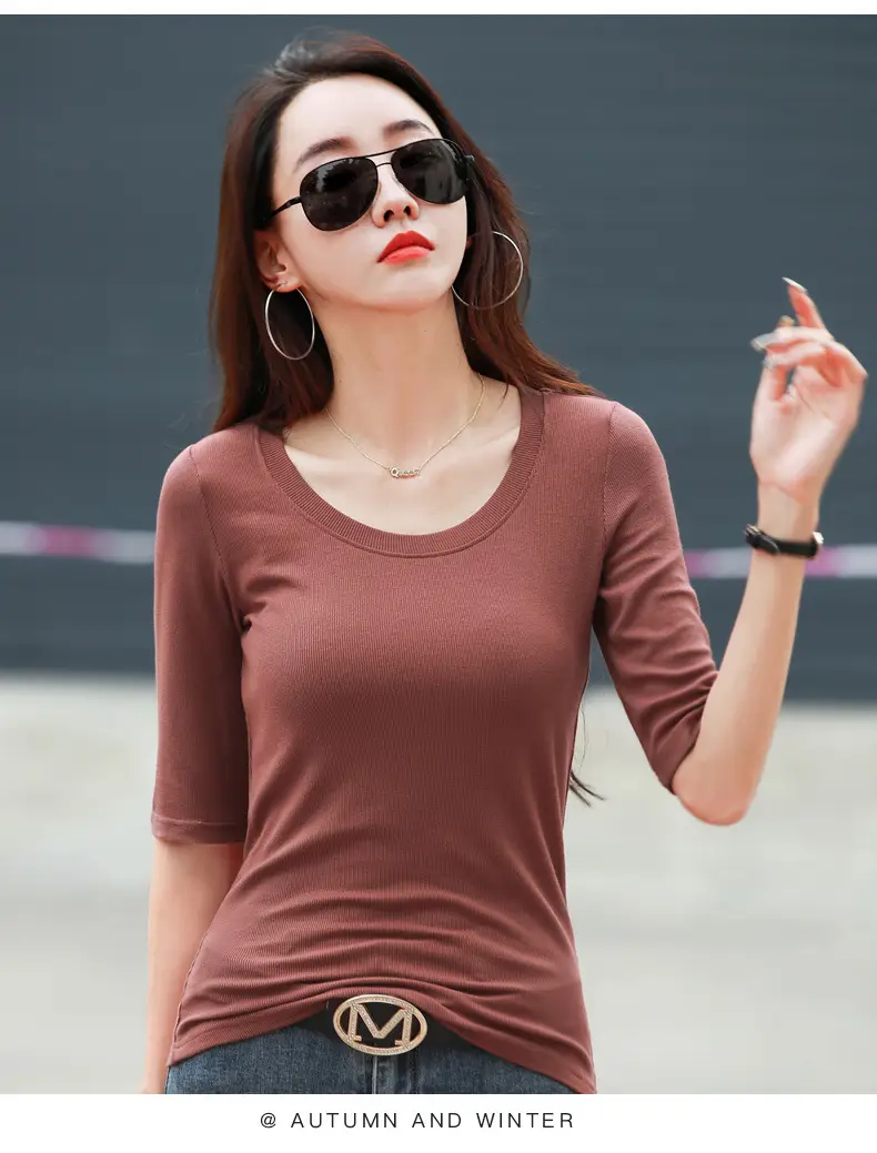 Women's Slim Fit Mid Sleeve Top Brown Round Neck