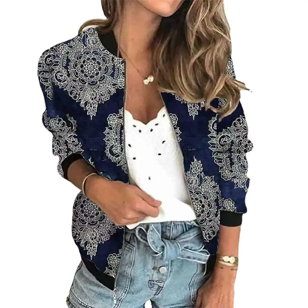 Women's 2021 Digital Printed Zipper Jacket Grey Blue - Image 13