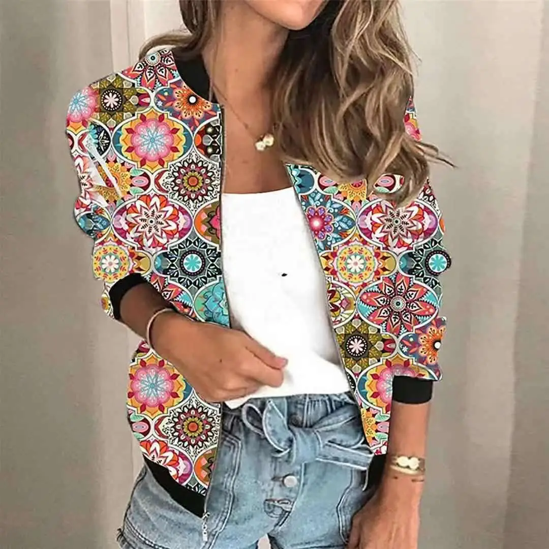 Women's 2021 Digital Printed Zipper Jacket Grey Blue — feature 7