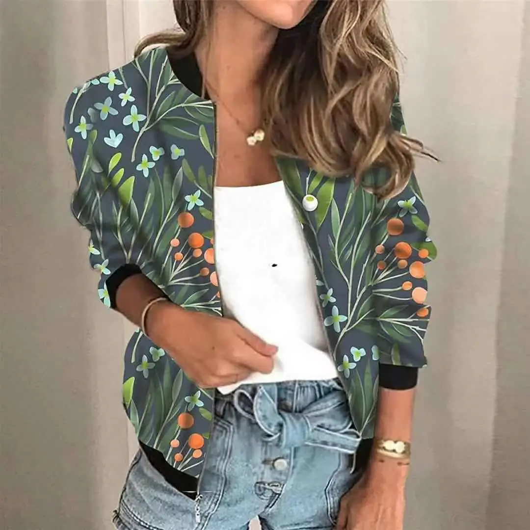 Women's 2021 Digital Printed Zipper Jacket Grey Blue - Image 5