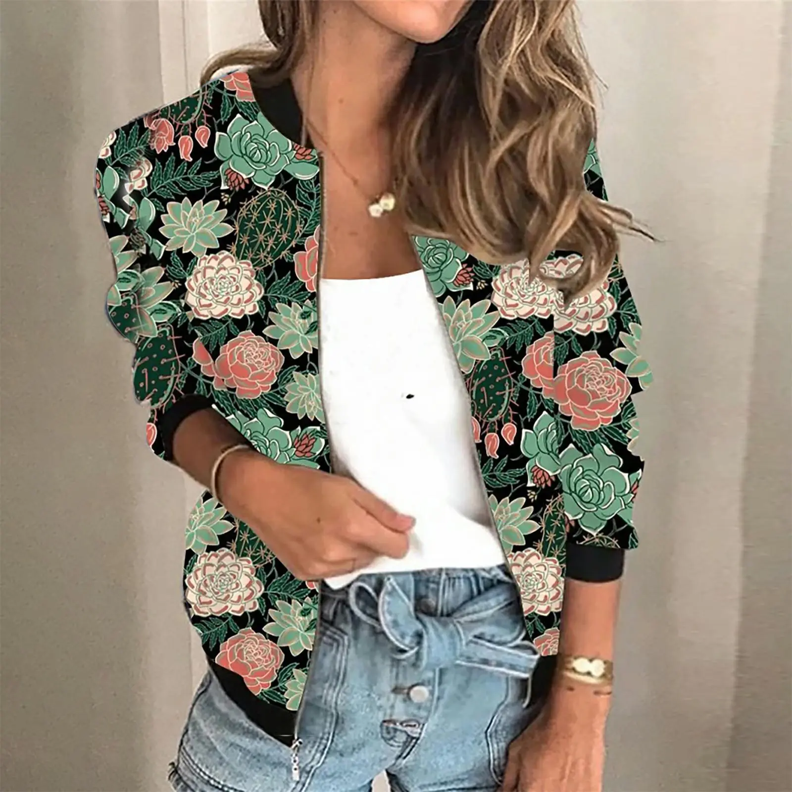 Women's 2021 Digital Printed Zipper Jacket Grey Blue - Image 8