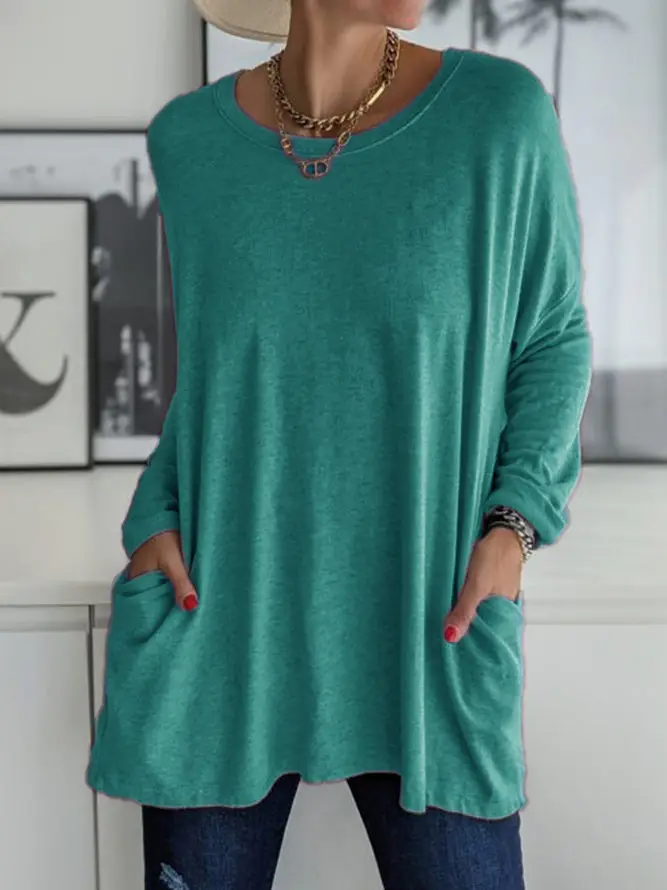 Women's Maroon Round Neck Long Sleeve T-Shirt with Pocket - Image 8