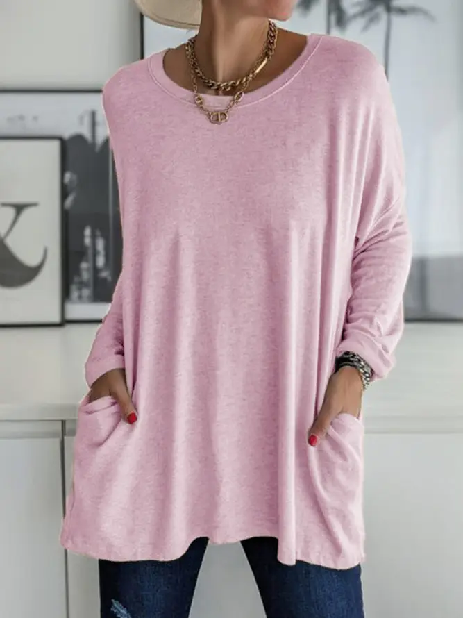 Women's Maroon Round Neck Long Sleeve T-Shirt with Pocket - Image 4
