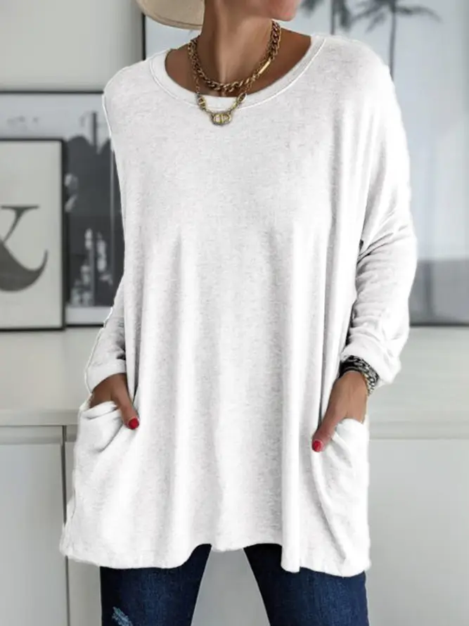 Women's Maroon Round Neck Long Sleeve T-Shirt with Pocket - Image 6