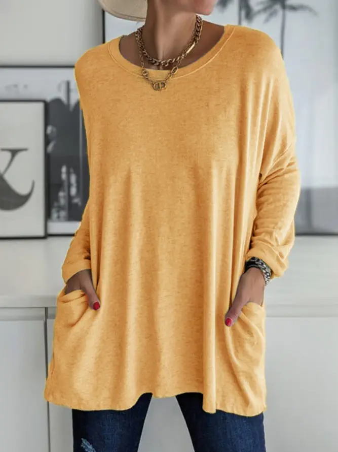 Women's Maroon Round Neck Long Sleeve T-Shirt with Pocket - Image 10