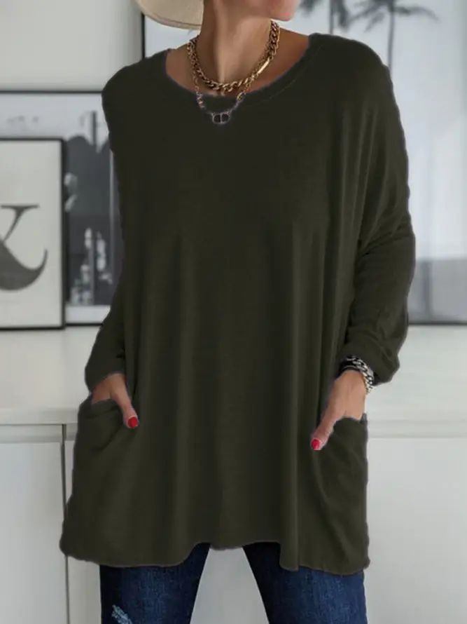 Women's Maroon Round Neck Long Sleeve T-Shirt with Pocket - Image 11