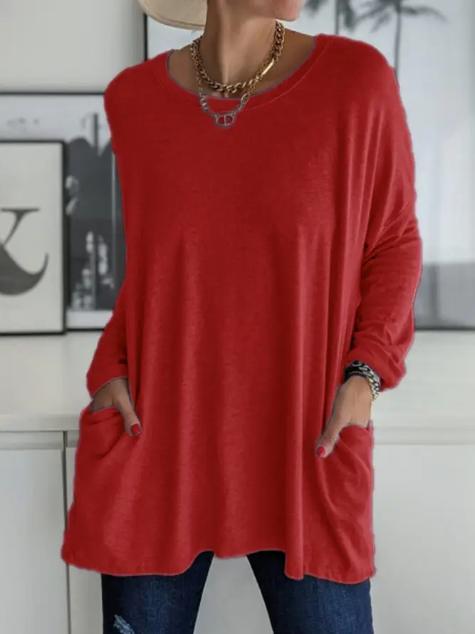 Women's Maroon Round Neck Long Sleeve T-Shirt with Pocket - Image 12