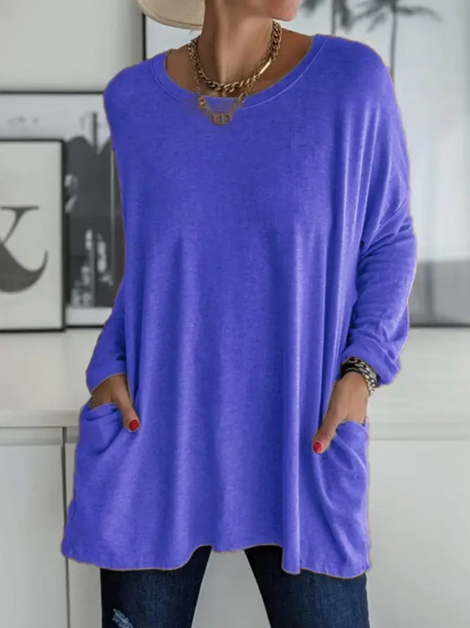 Women's Maroon Round Neck Long Sleeve T-Shirt with Pocket - Image 13
