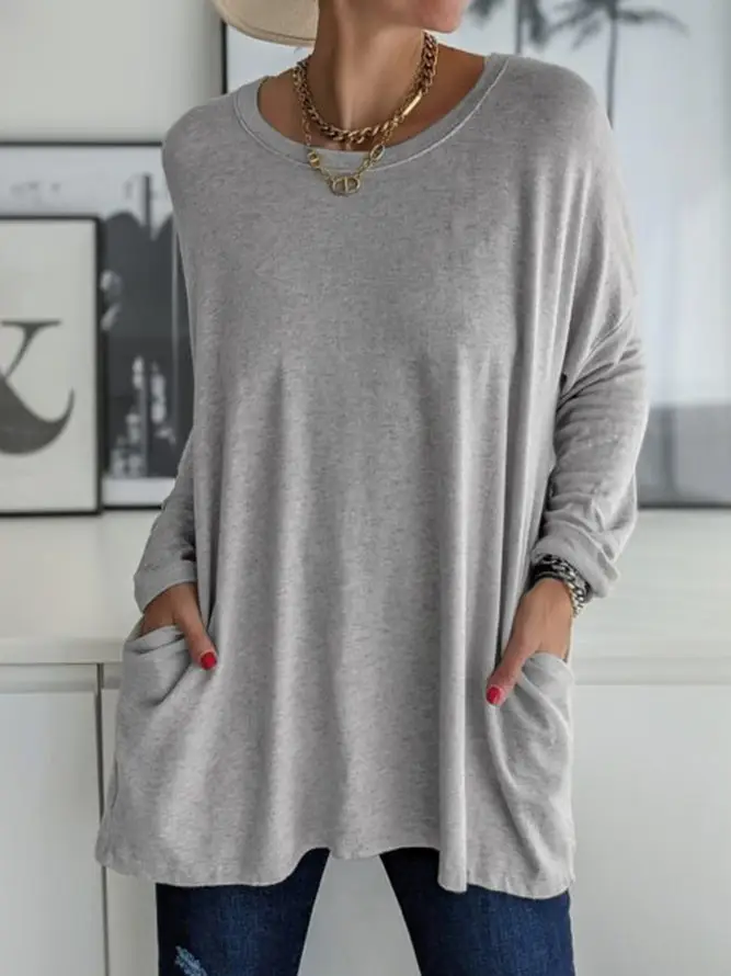 Women's Maroon Round Neck Long Sleeve T-Shirt with Pocket - Image 2