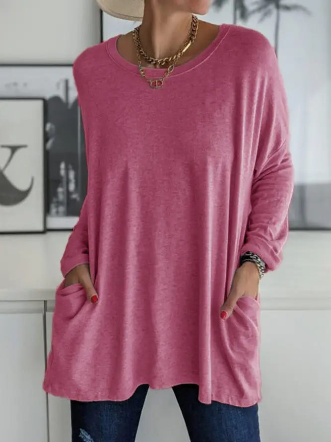 Women's Maroon Round Neck Long Sleeve T-Shirt with Pocket - Image 3