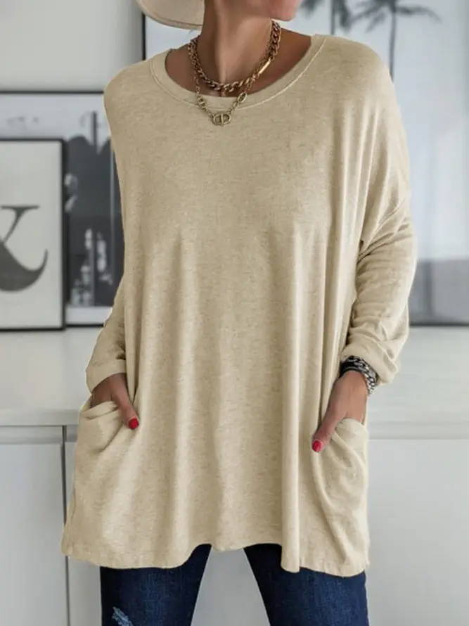 Women's Maroon Round Neck Long Sleeve T-Shirt with Pocket - Image 5