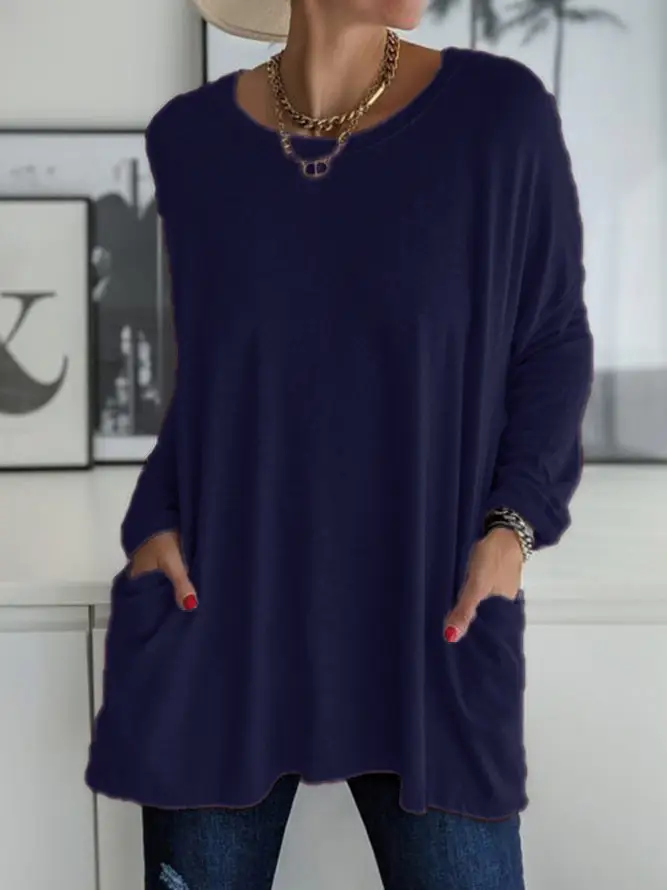 Women's Maroon Round Neck Long Sleeve T-Shirt with Pocket - Image 7