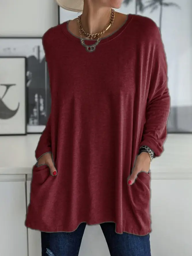 Women's Maroon Round Neck Long Sleeve T-Shirt with Pocket - Image 9