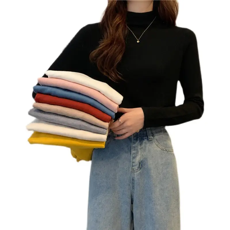Women Long Sleeve T-Shirt Black Half Collar Autumn Winter - Image 11
