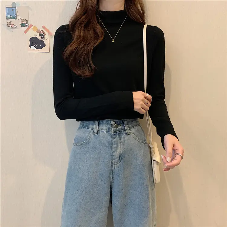 Women Long Sleeve T-Shirt Black Half Collar Autumn Winter — feature 3