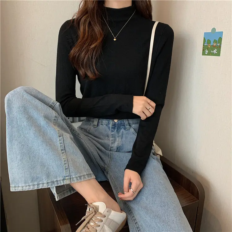Women Long Sleeve T-Shirt Black Half Collar Autumn Winter — feature 4