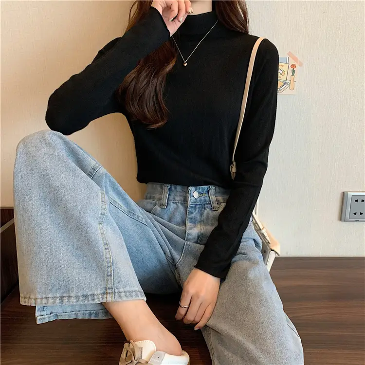 Women Long Sleeve T-Shirt Black Half Collar Autumn Winter — feature 5
