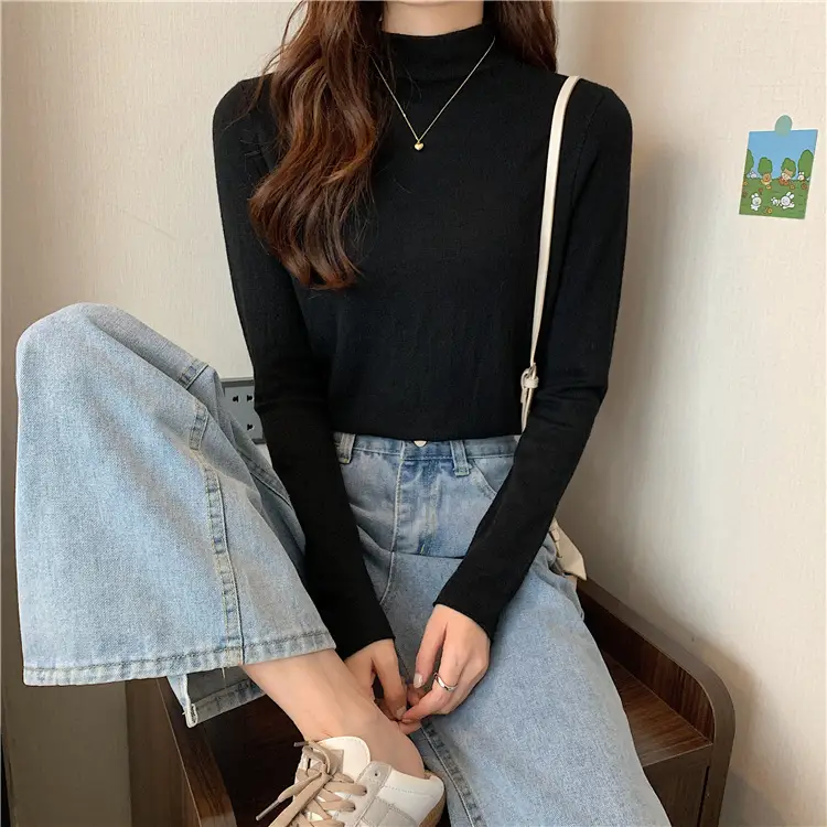 Women Long Sleeve T-Shirt Black Half Collar Autumn Winter — feature 6