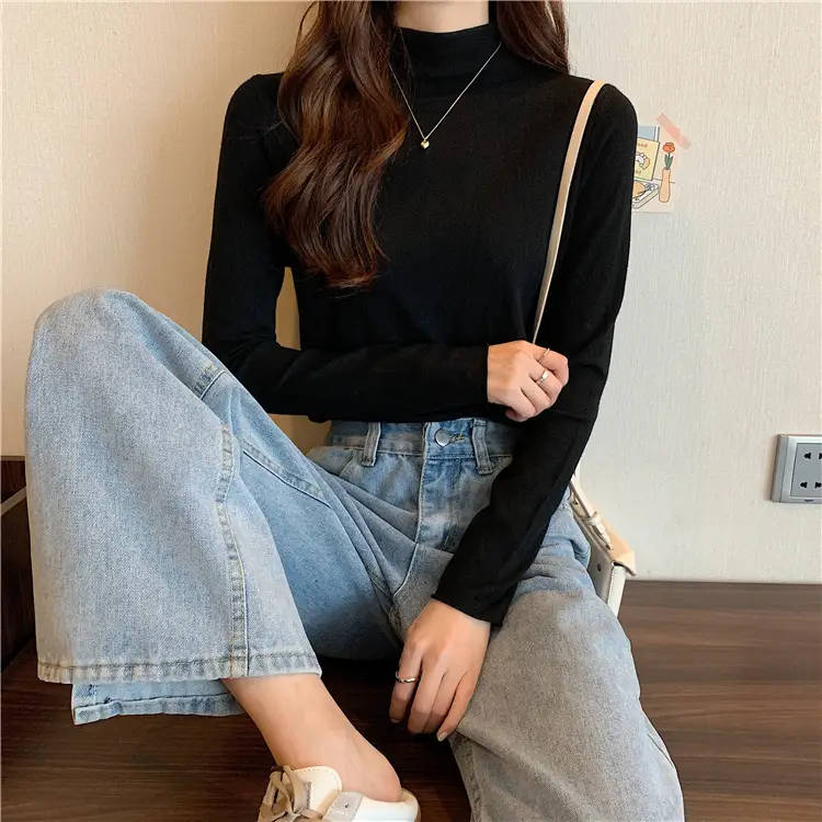 Women Long Sleeve T-Shirt Black Half Collar Autumn Winter — feature 7