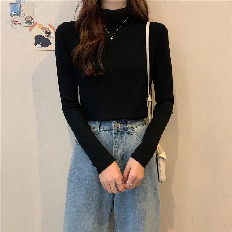 Women Long Sleeve T-Shirt Black Half Collar Autumn Winter — feature 8