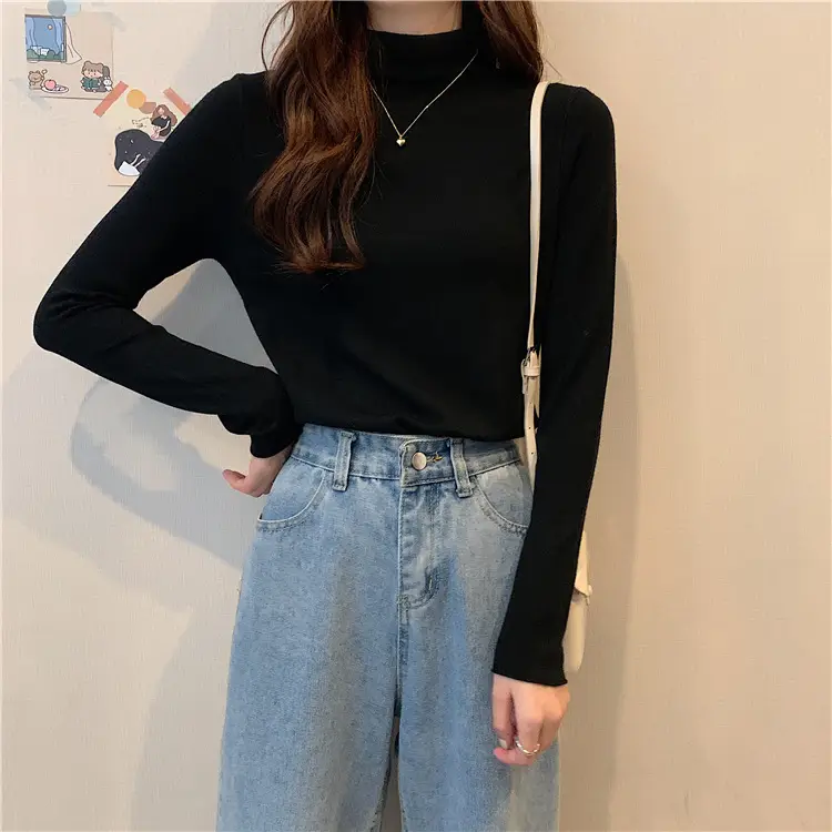 Women Long Sleeve T-Shirt Black Half Collar Autumn Winter — feature 9