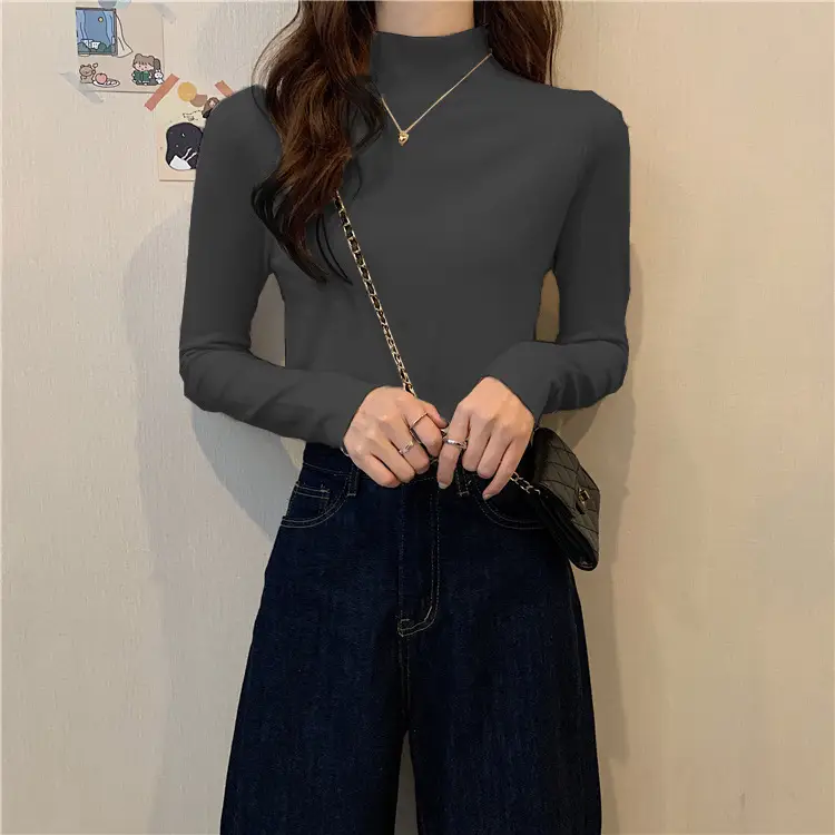 Women Long Sleeve T-Shirt Black Half Collar Autumn Winter - Image 4