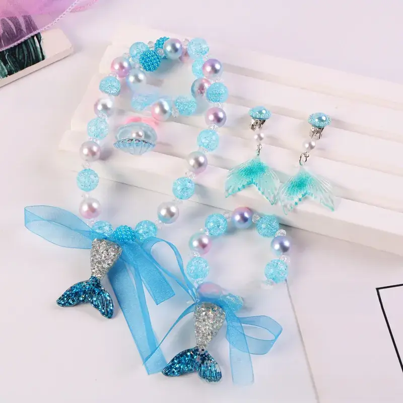 Children's Mermaid Tail Bow Necklace Bracelet Set