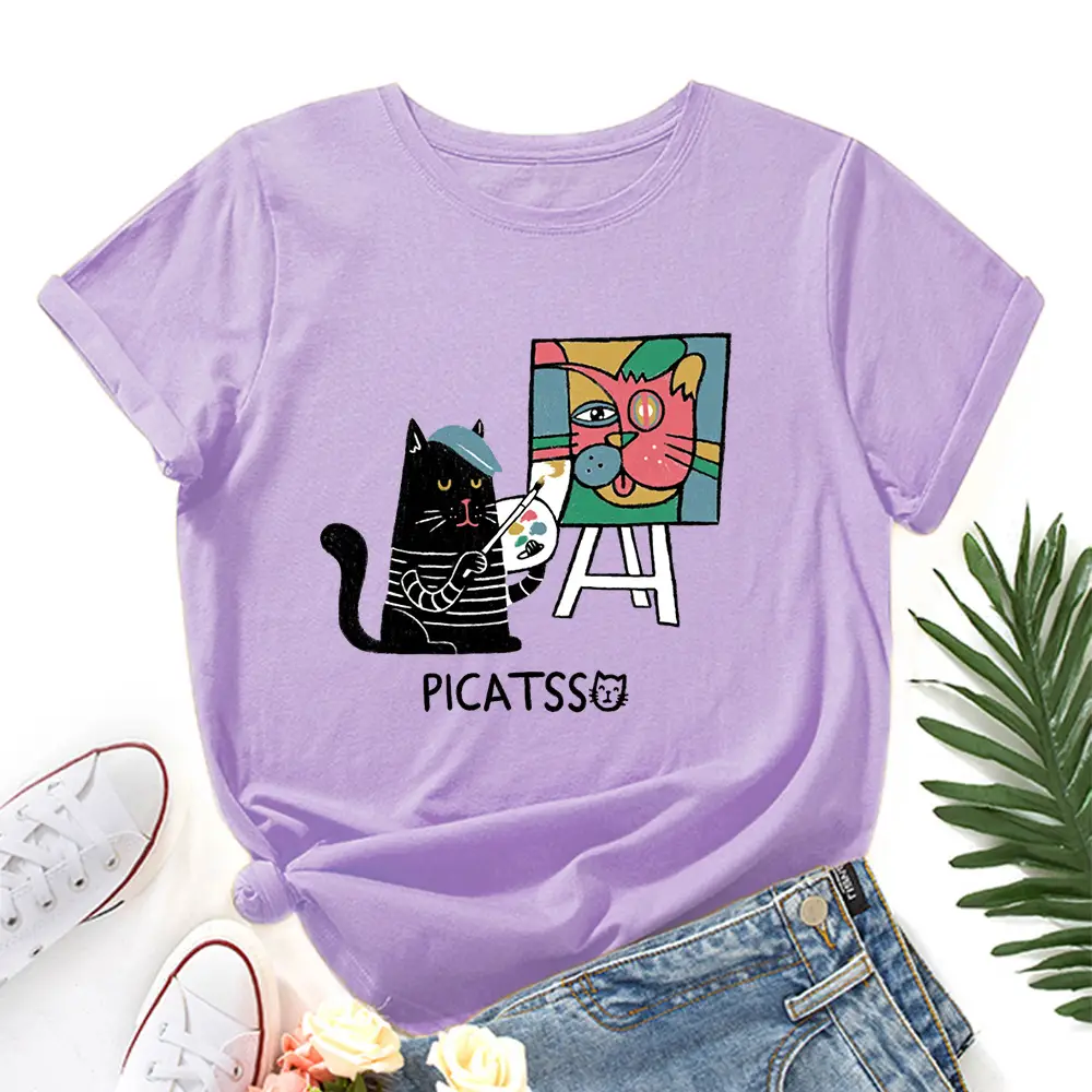 Women Loose T-Shirt Art Cat Print Gray - Image 13